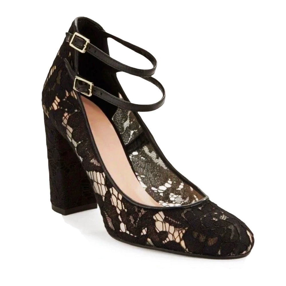 Kate Spade Baneera Black Lace Double Strap Chunky Heel Shoes